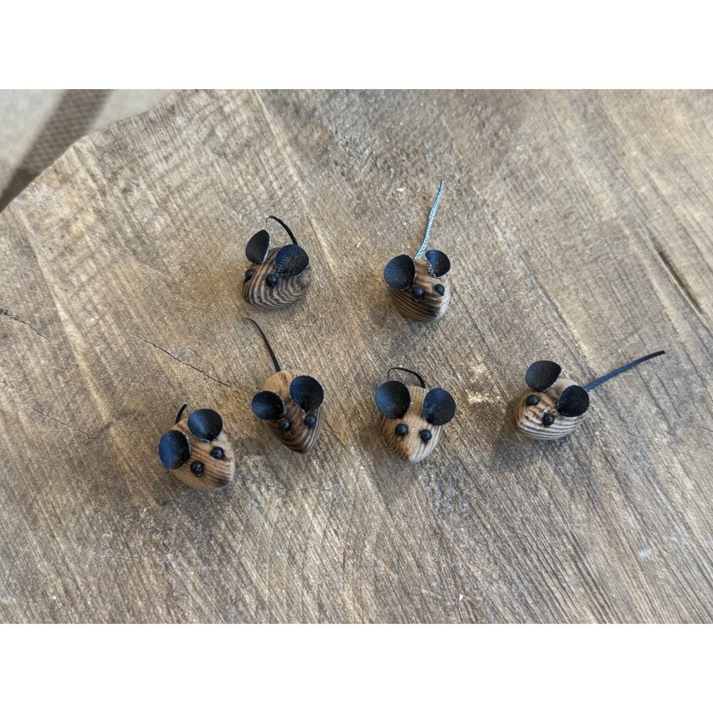 Vintage Handmade Wood Leather Miniature Mice Set Lot 6 Mini Animal Figure